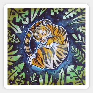 Hand drawing with watercolors "tiger sleeps in the jungle" Sticker